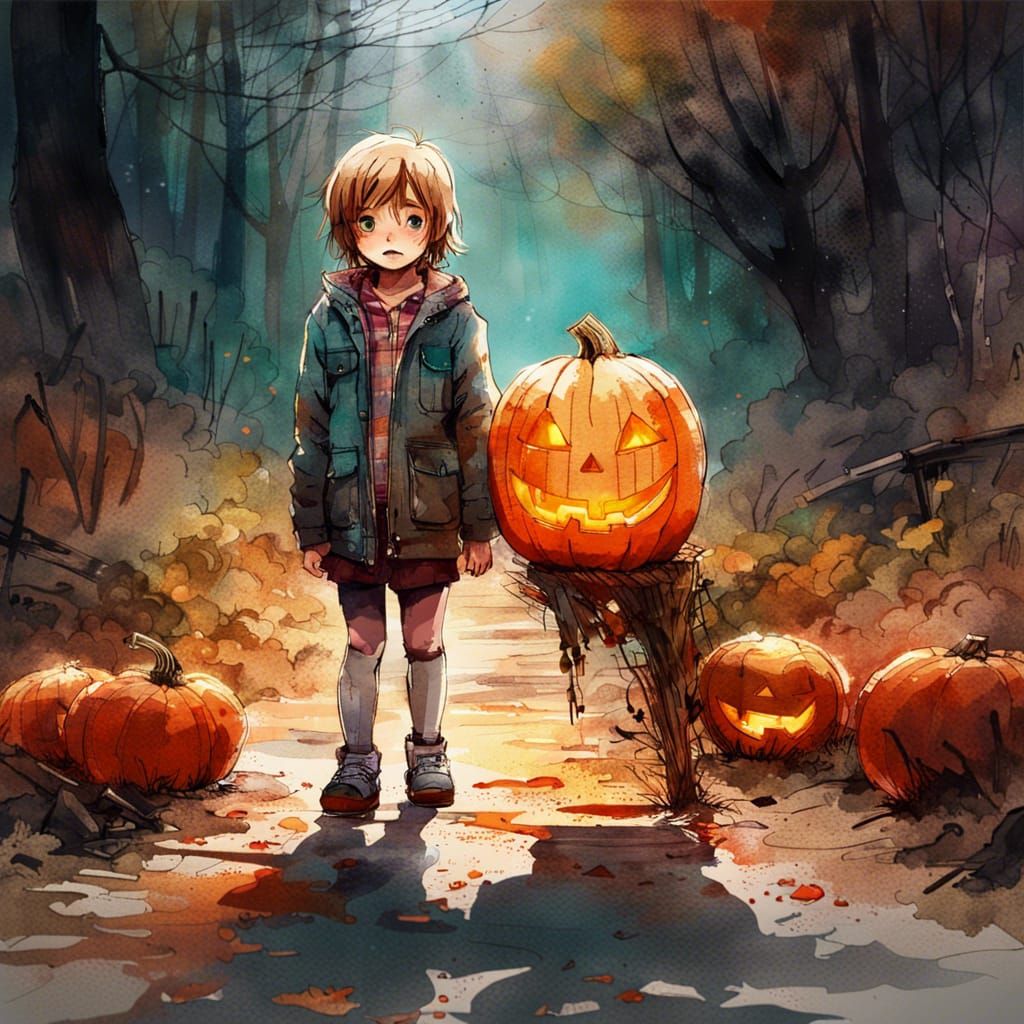 Toddler With Pumpkin in Anime Watercolor Style