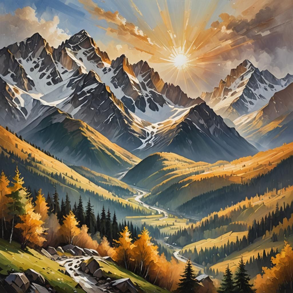 Dramatic Mountain Landscape with Sunburst, Impasto Oil Paint...