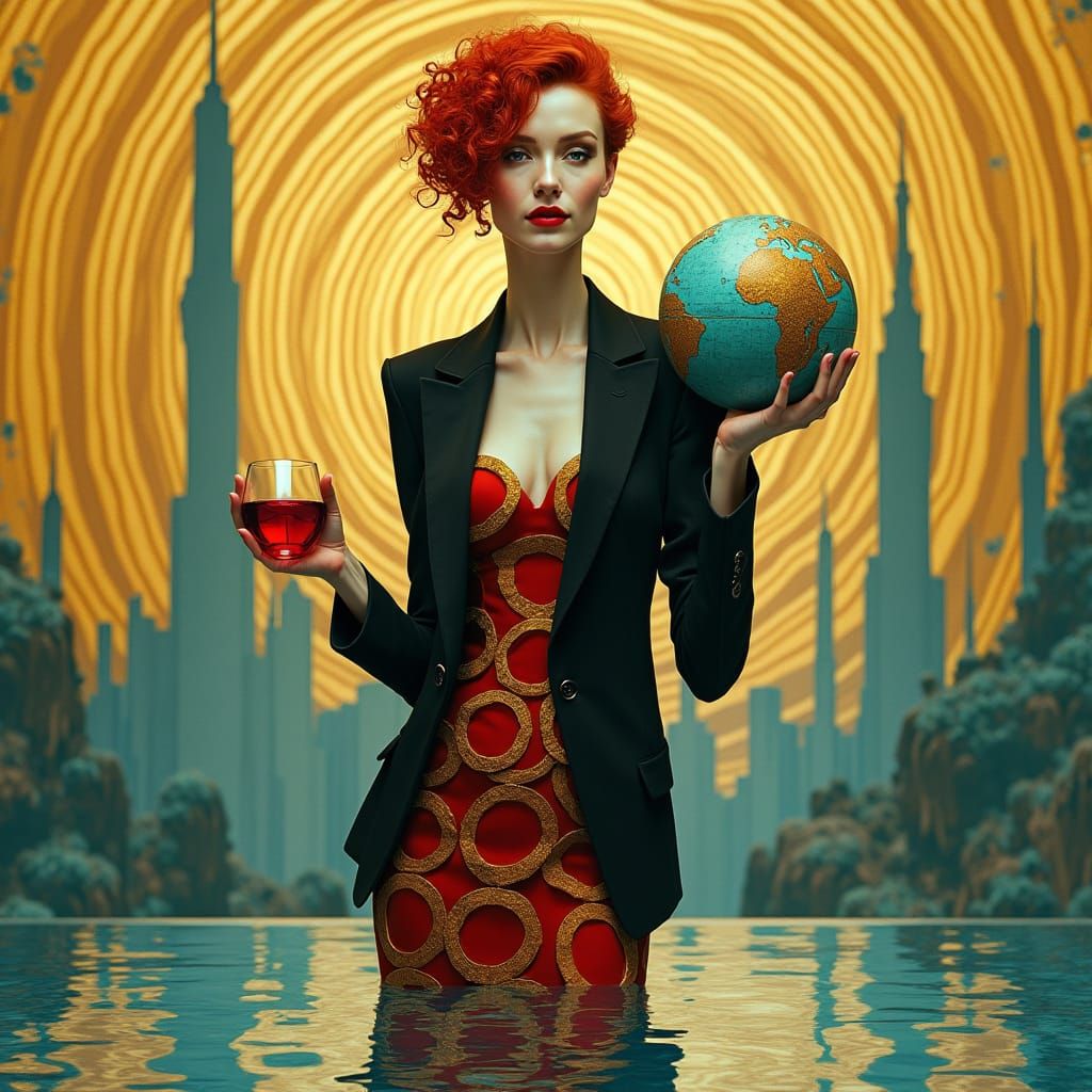Elegant Woman with Globe in Surreal Cityscape