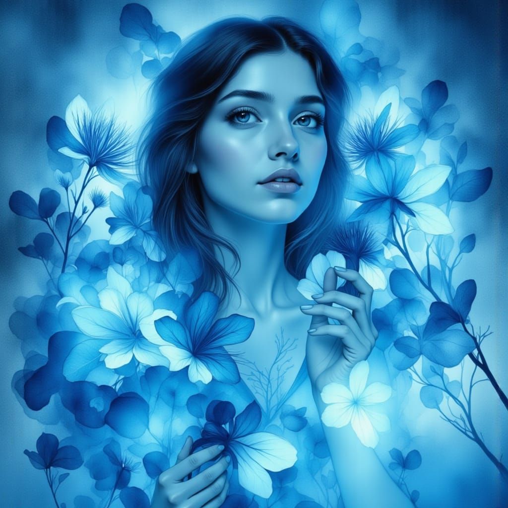 Serene Figure in Blue, Digital Art