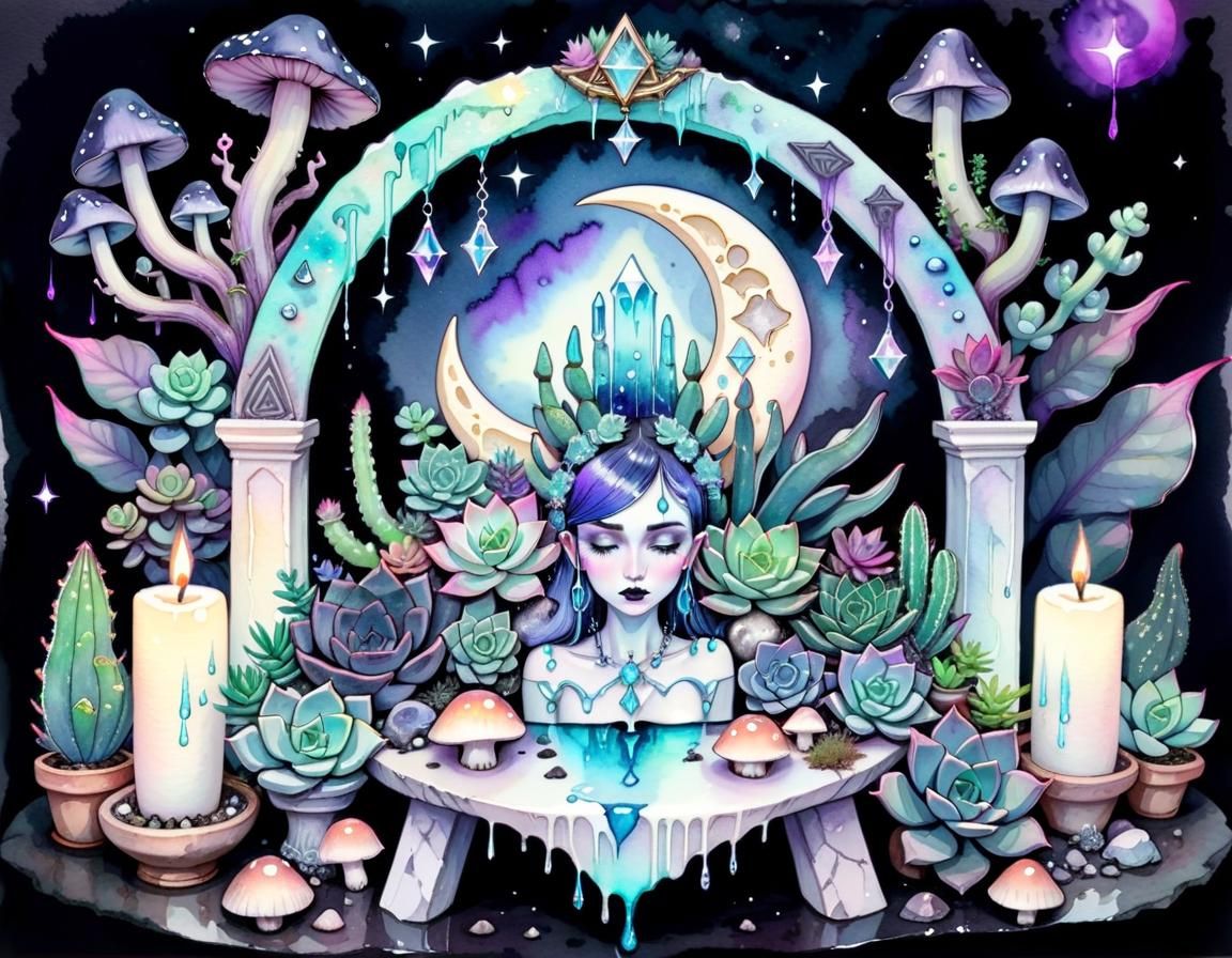 Pastel Goth Goddess Altar with Succulents, Watercolor