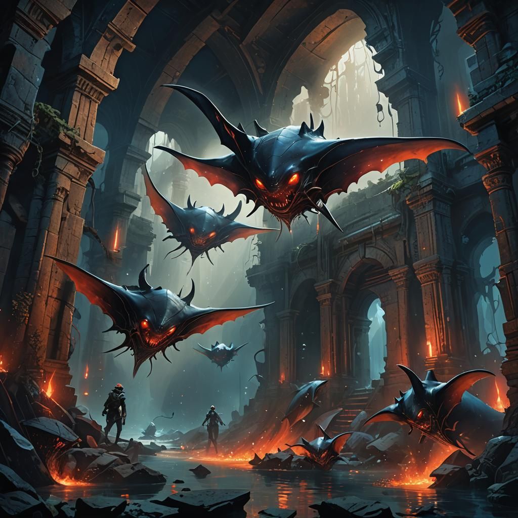 Giant Manta Rays in Sunken Ruins: Dark Fantasy Art