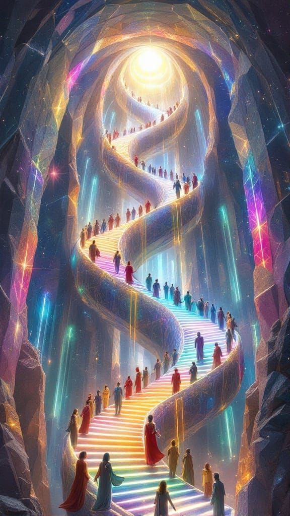 Ethereal Warriors Ascend a Radiant Crystal Helix
