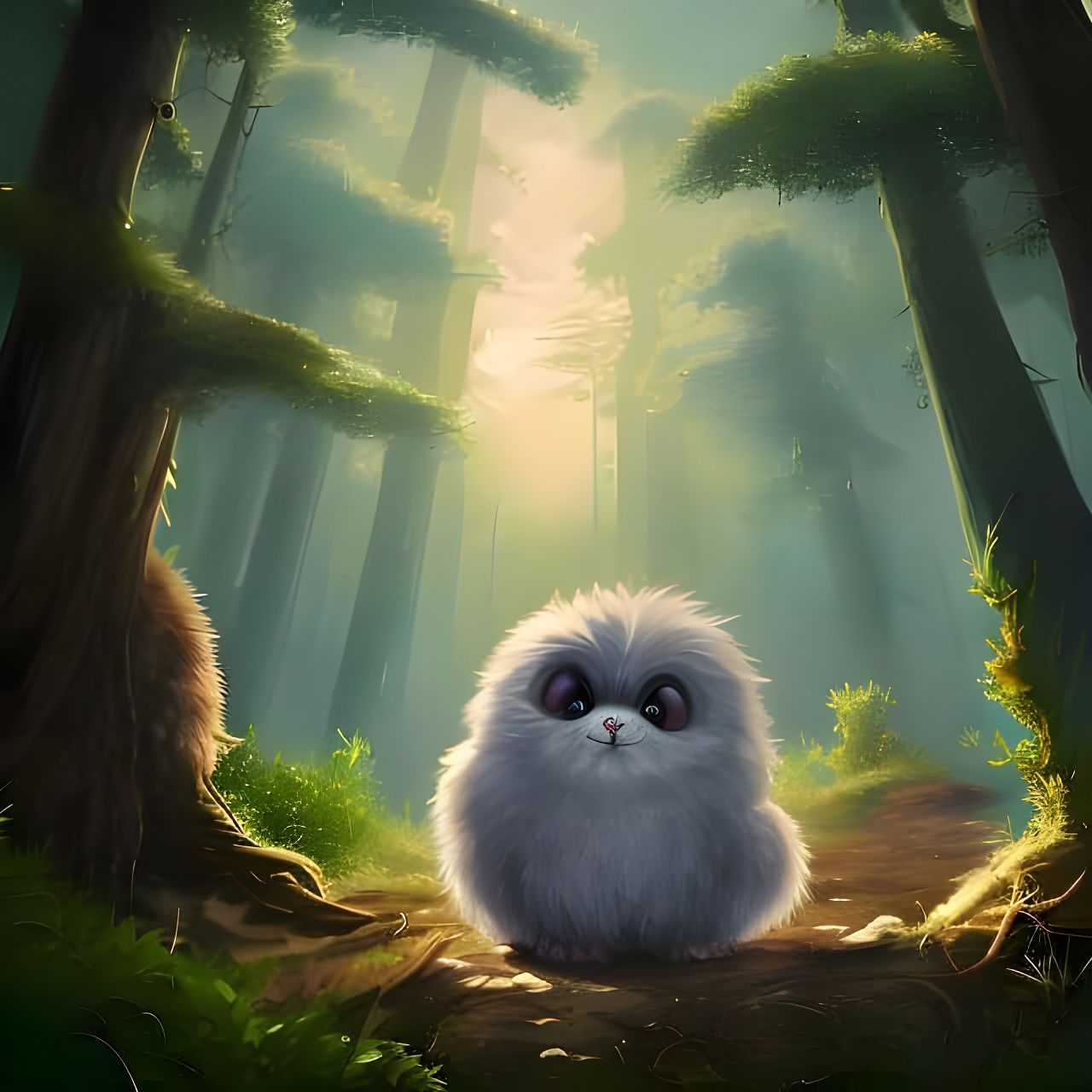 Fluffy Horned Creature in Cute Forest, Digital Art