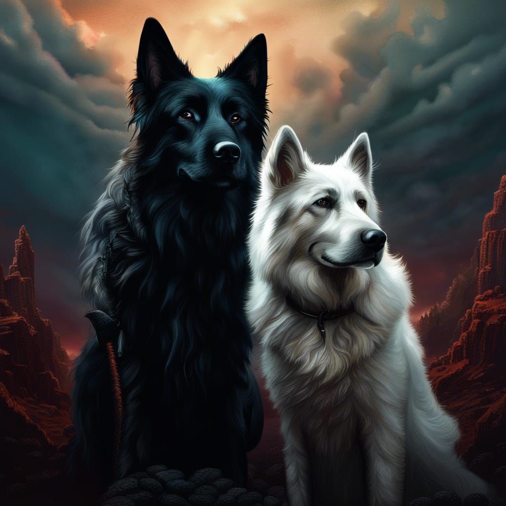 White Swiss Shepherd and Black German Shepherd Art