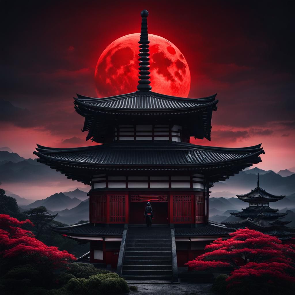 Ninja Silhouette on Pagoda Under Red Moon