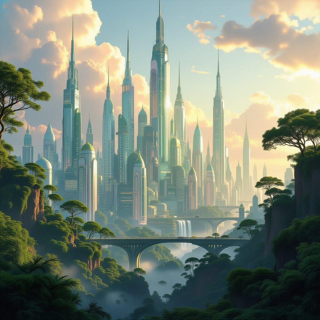Futuristic Utopia Cityscape with Greenery and Spires