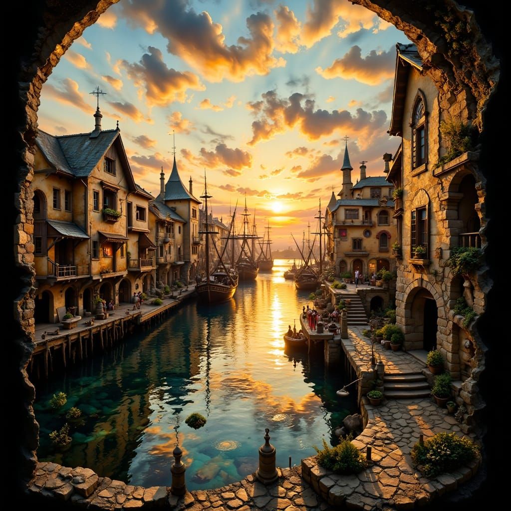 Ancient Harbor District at Sunrise in Ultra-Realistic Style