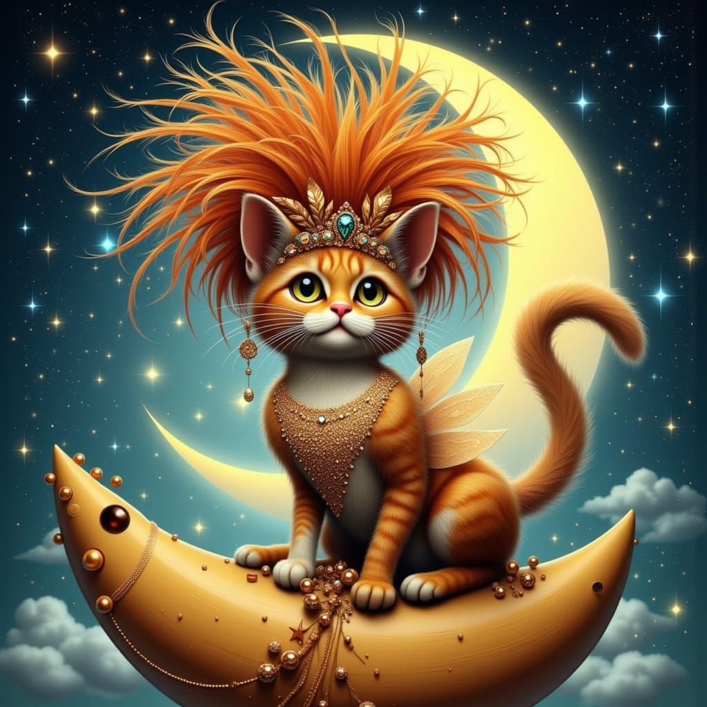 Whimsical Cat Showgirl on Giant Moon
