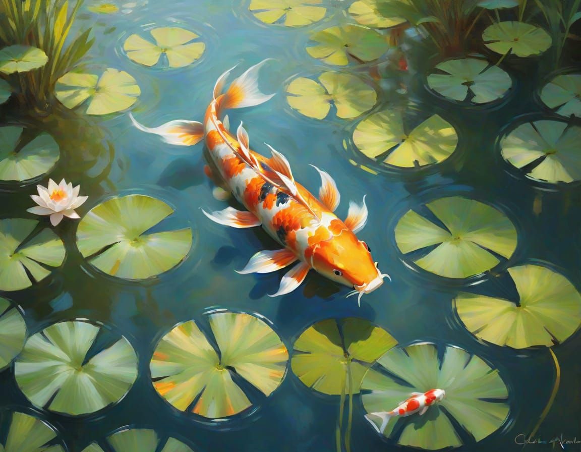 Surrealistic Koi Pond Scene in Soft Focus