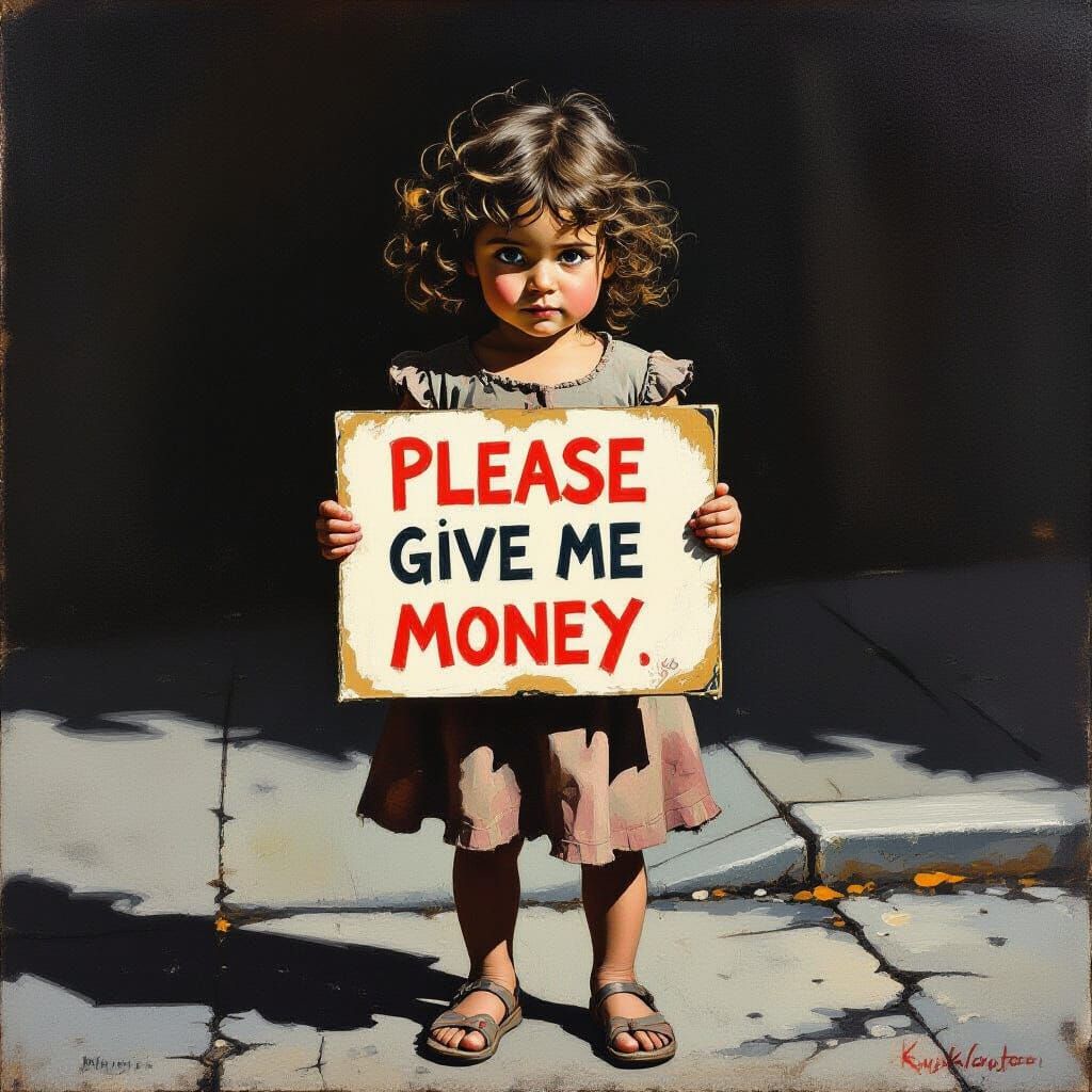 Homeless Girl's Plea in Expressive Oil Painting