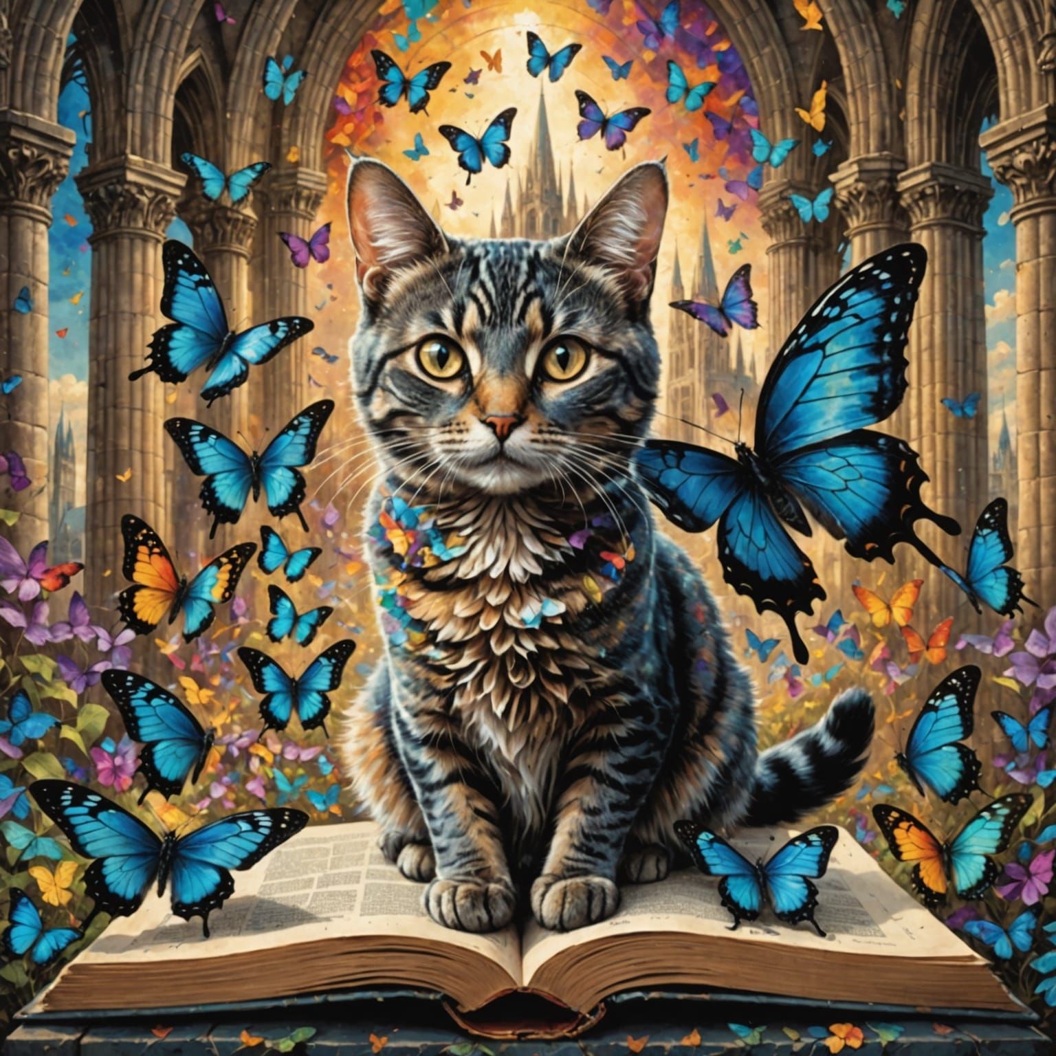 Tabby Cat with Butterfly Wings on Cathedral