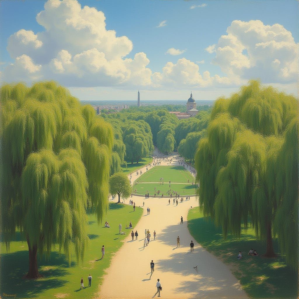 Impressionistic Aerial View of Park with Weeping Willows