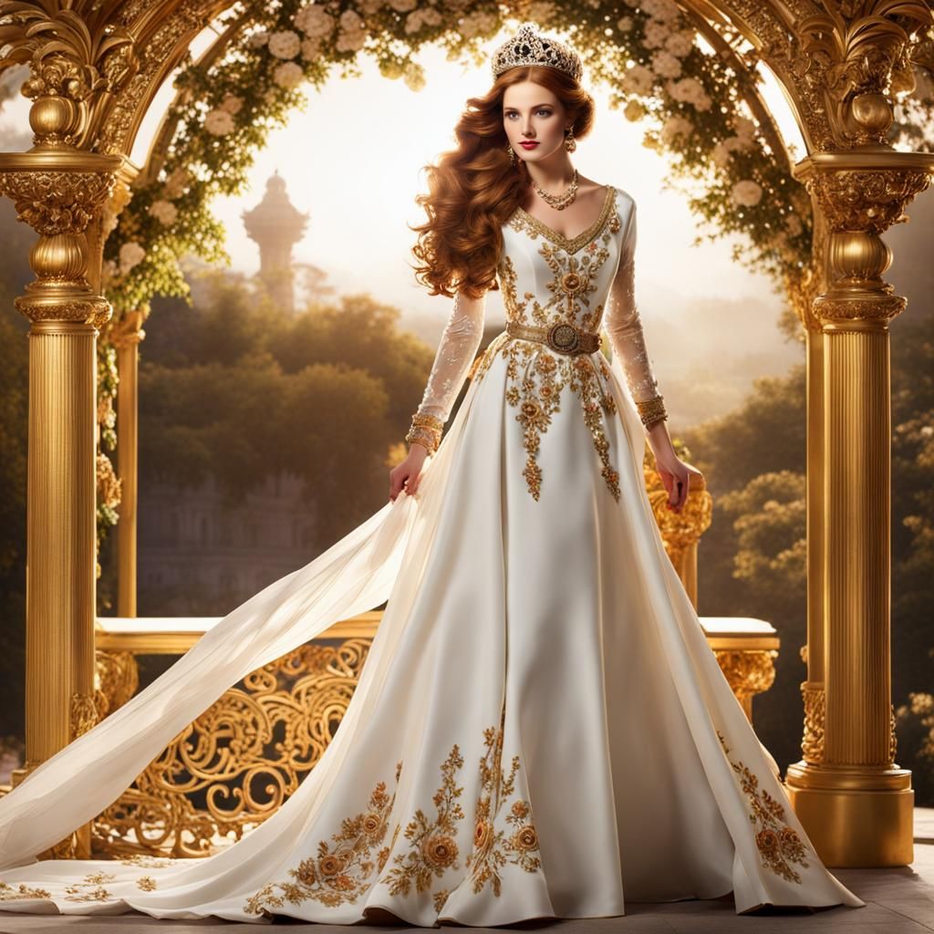 Elegant Woman in White Satin Dress, Detailed Matte Painting