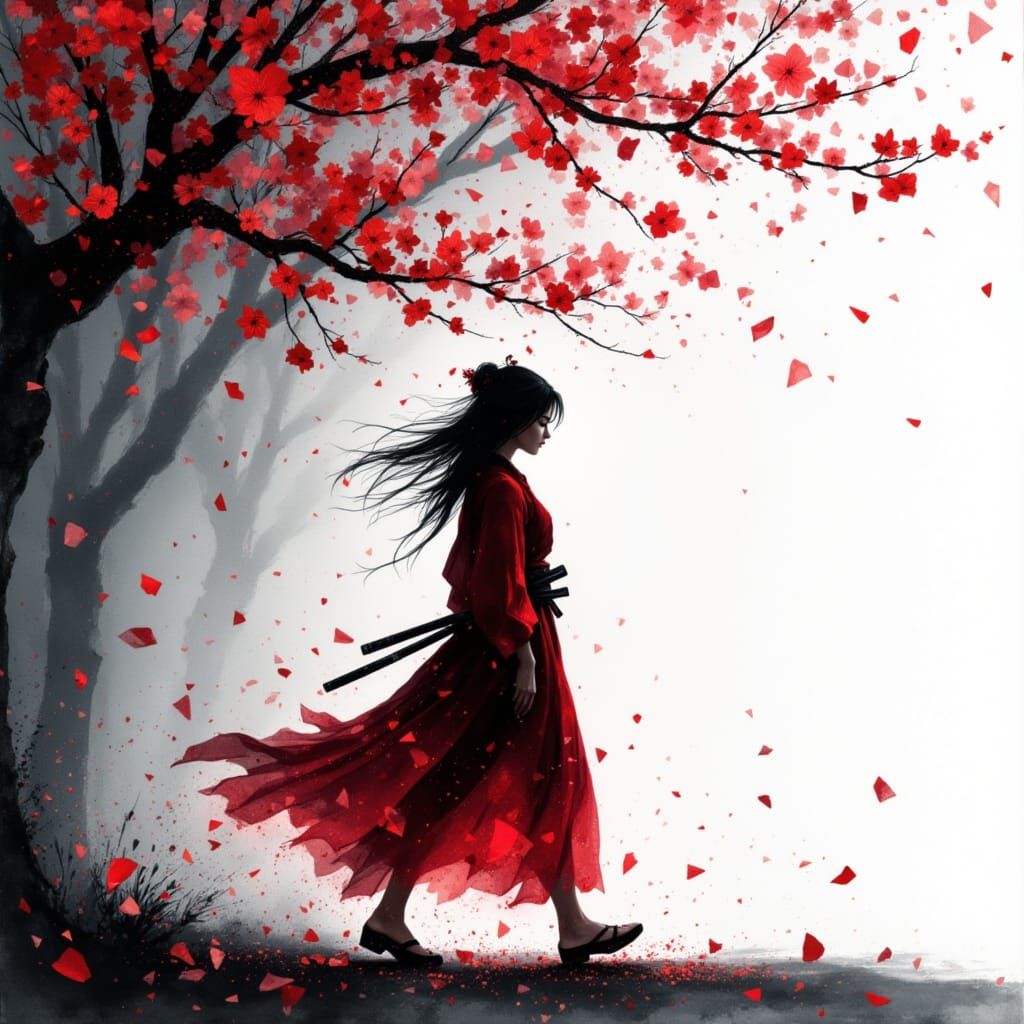 Samurai Woman in Cherry Blossom Storm