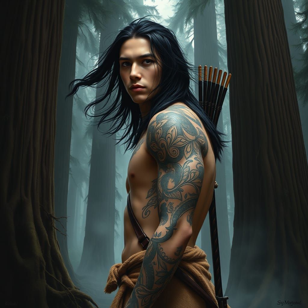 Barbarian Youth in Redwood Forest: Acrylic Digital Art