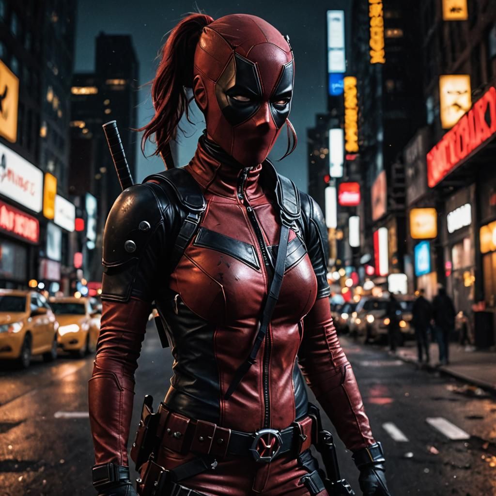 a cute girl cosplaying Deadpool