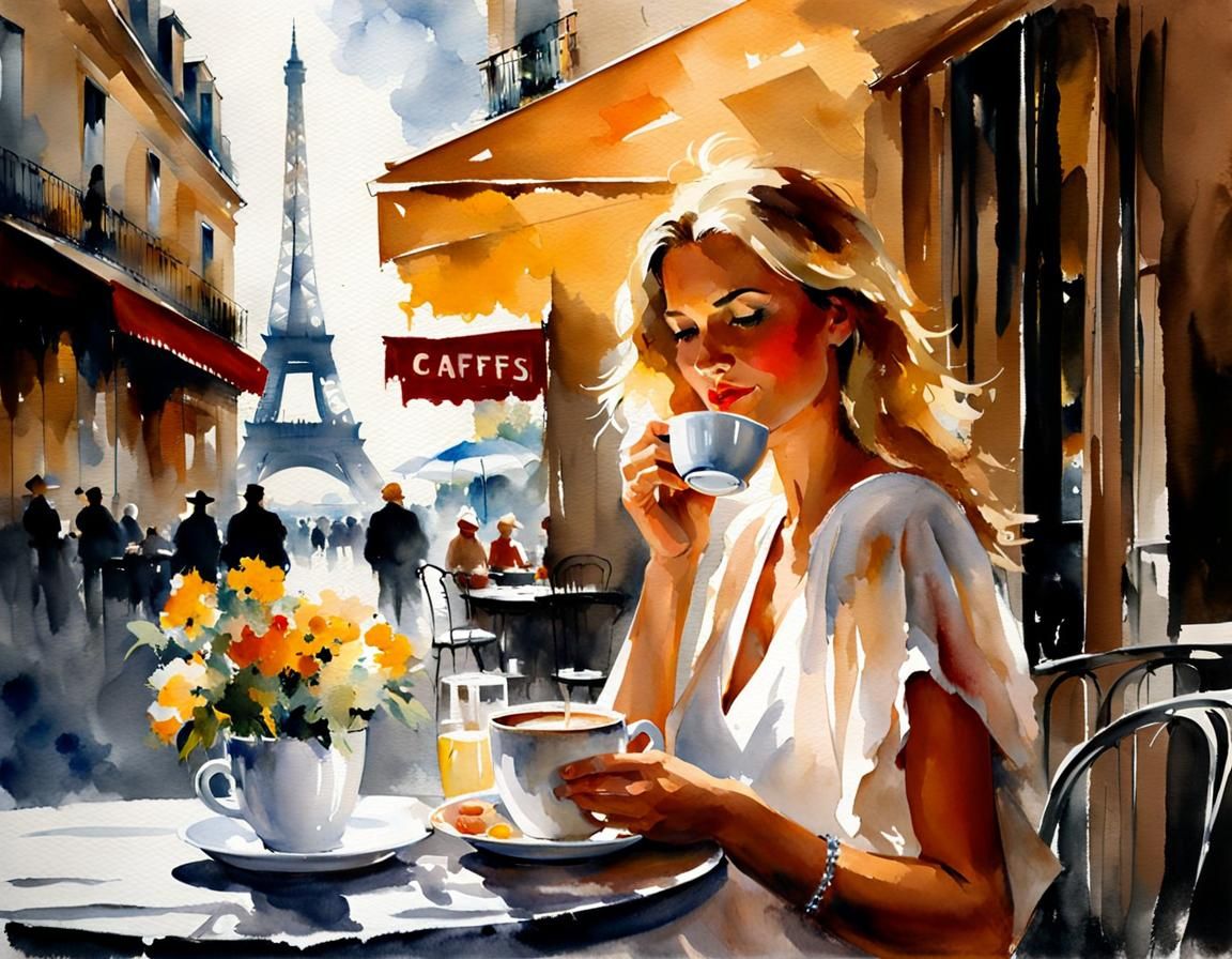 Paris Cafe Scene in American Romanticism Style