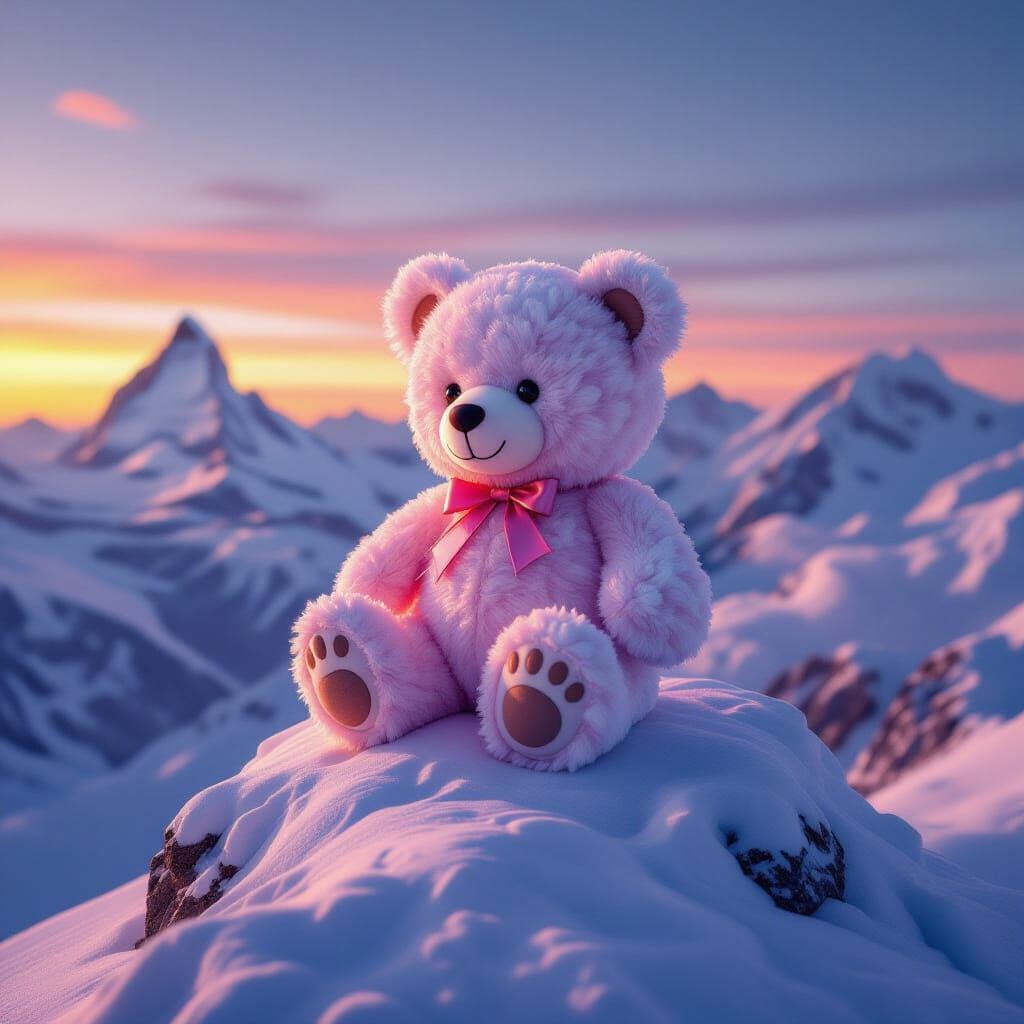 Cotton Candy Bear on Alpine Peak at Sunset