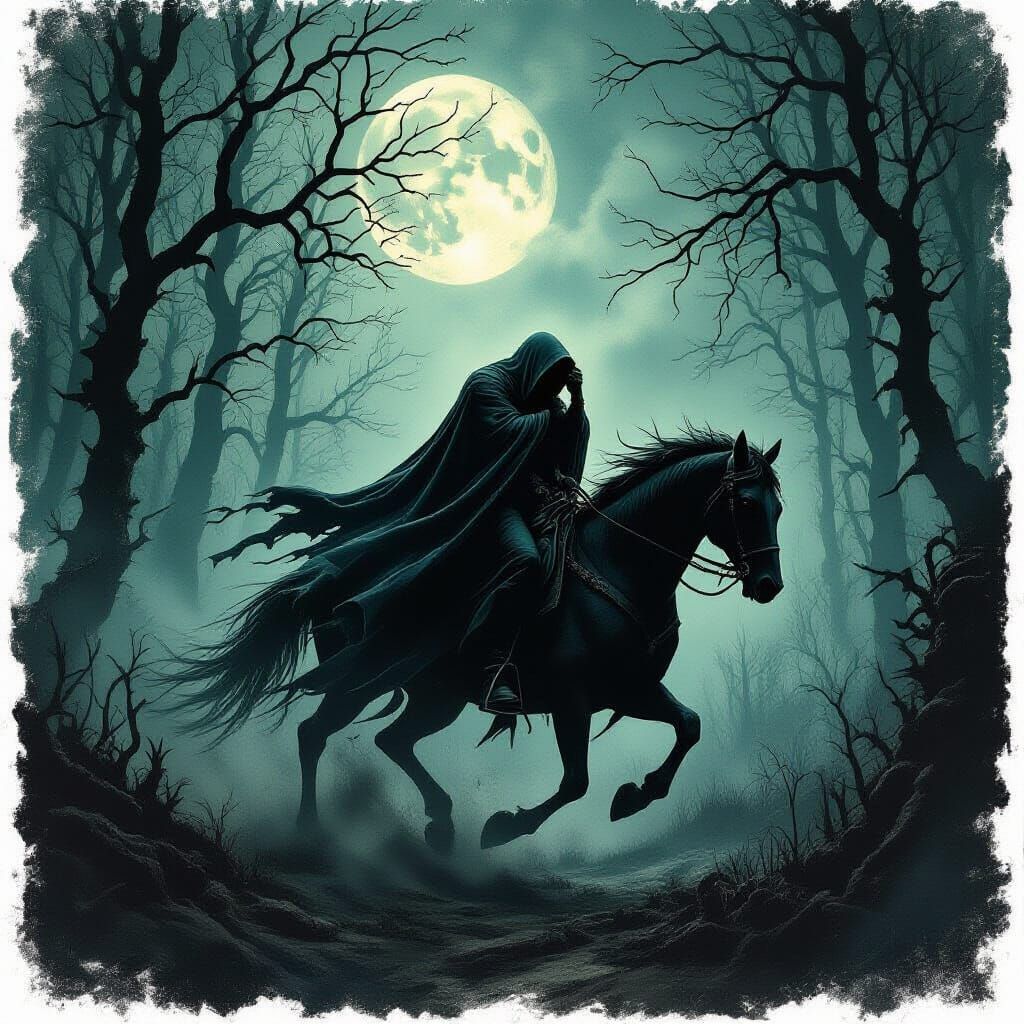 Ghostly Rider in Dark Forest, Gothic Illustration