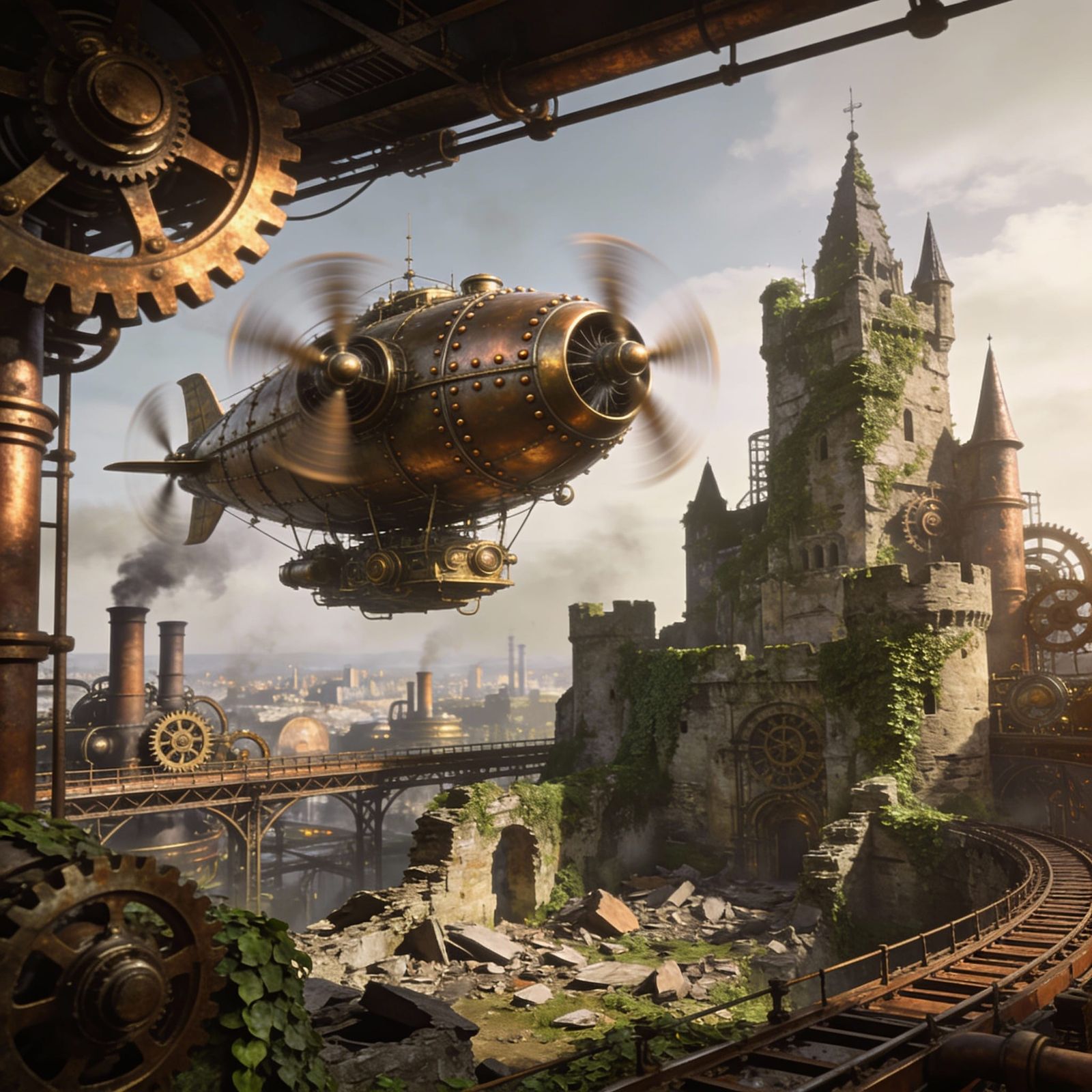 Steampunk Airship Over Futuristic Medieval City