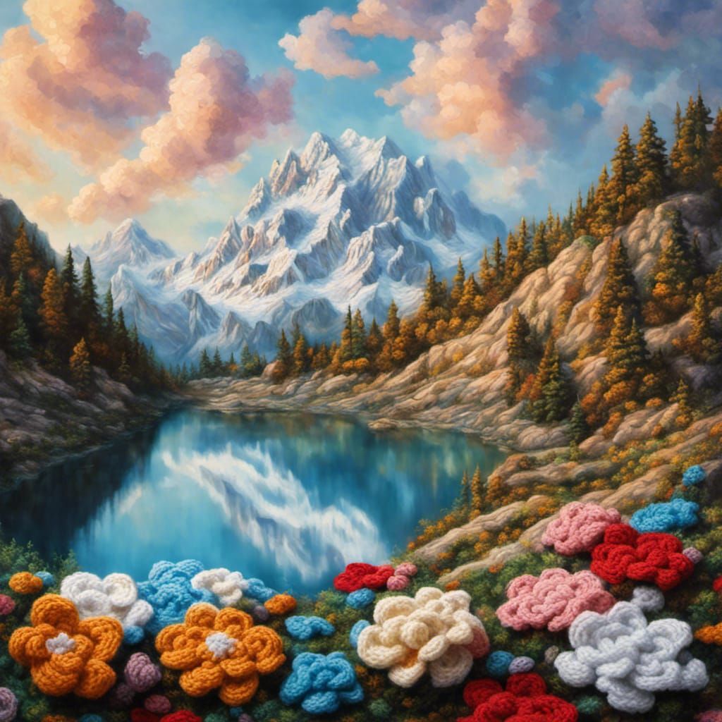 Hyperrealistic Crochet Landscape with Lake and Flowers