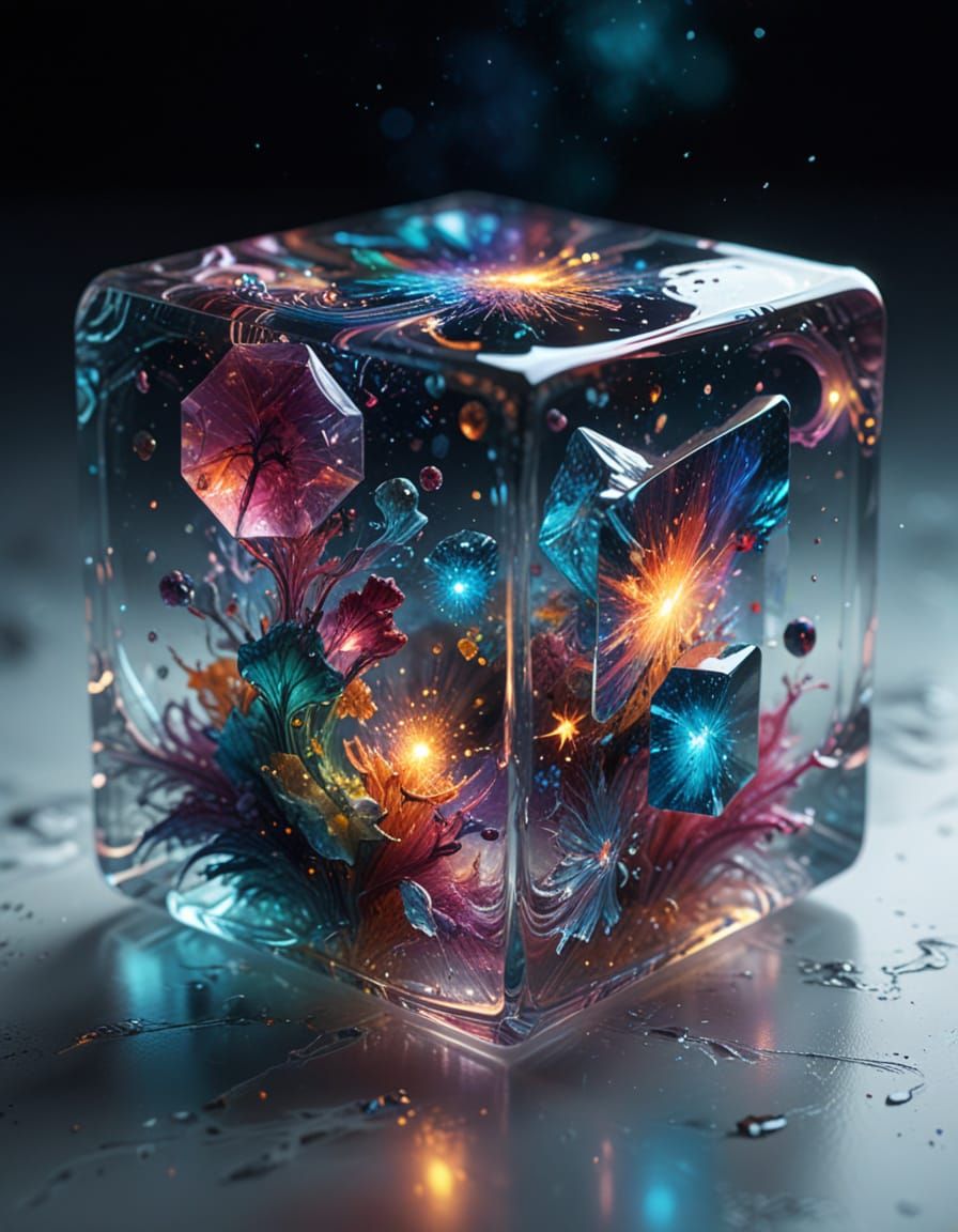 Surreal Cosmic Glass Cube in a Vibrant Astral Hologram