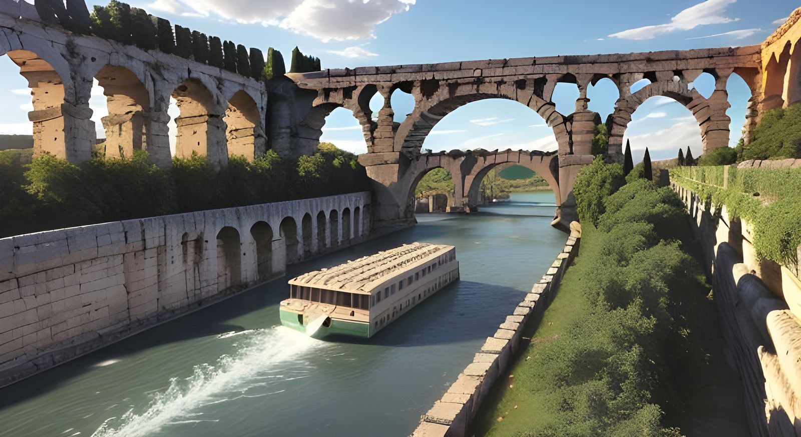 Roman Aqueduct Over River in Detailed Digital Render