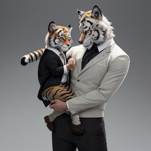 Anime Style Wolf Holding Leopard Cub