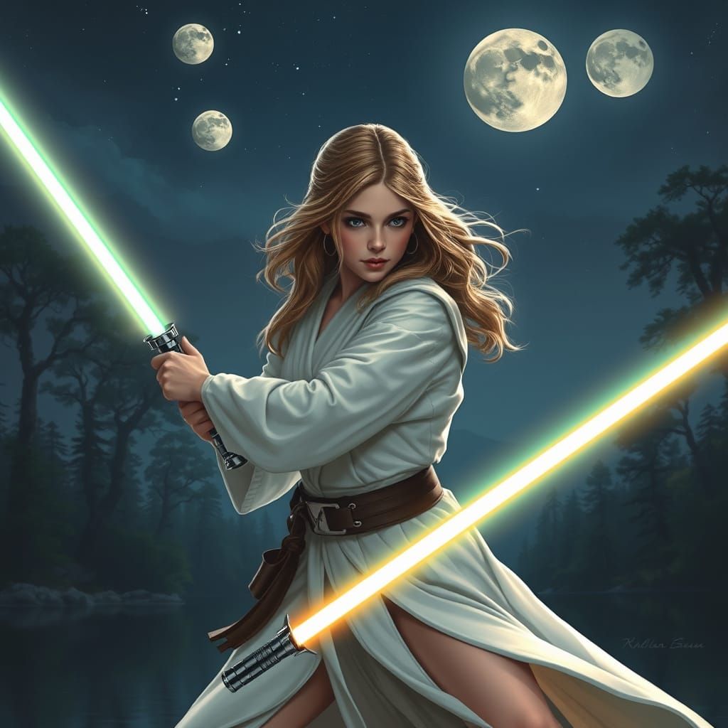 Young Jedi Knight Battles with Lightsaber in Hyperreal Scene