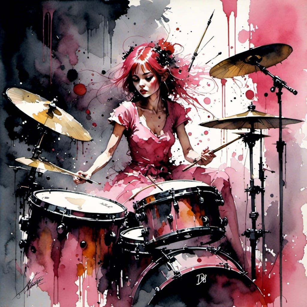 Girl Drummer in Surreal Watercolor Style