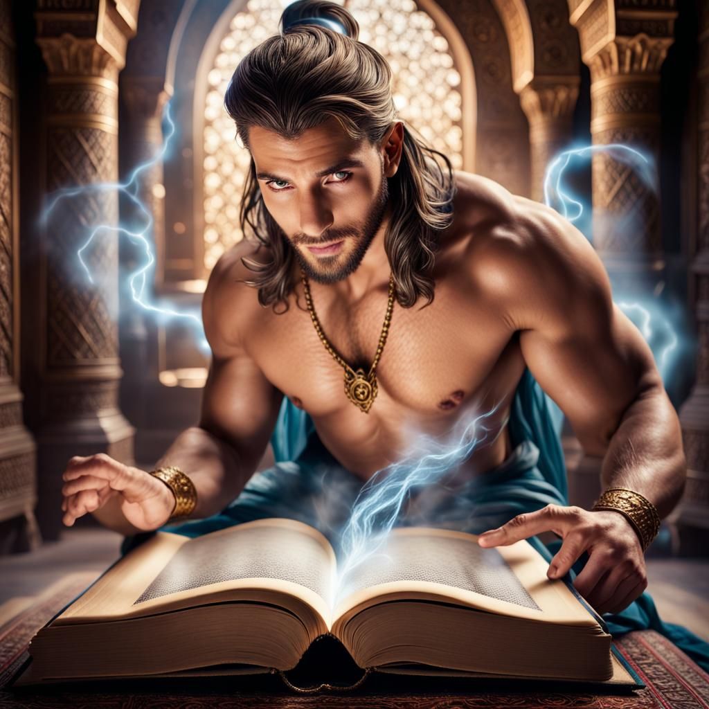 open magic book with a very handsome male Djinn in it