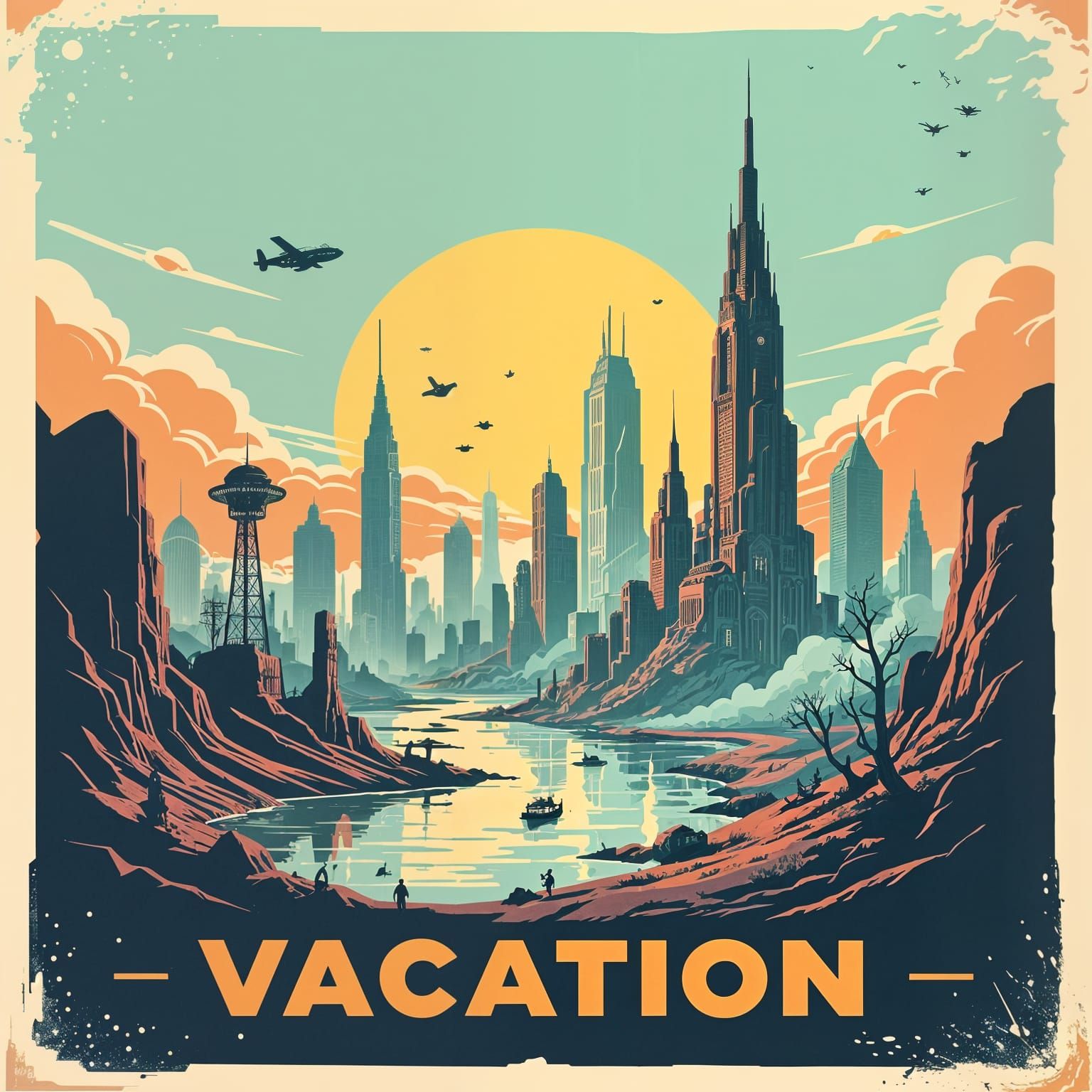Retro Fallout Style Travel Poster of Ruined City