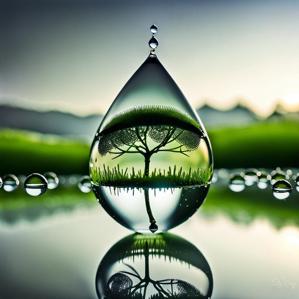 Dew Drop Miniature Landscape: Hyperrealistic Close-Up