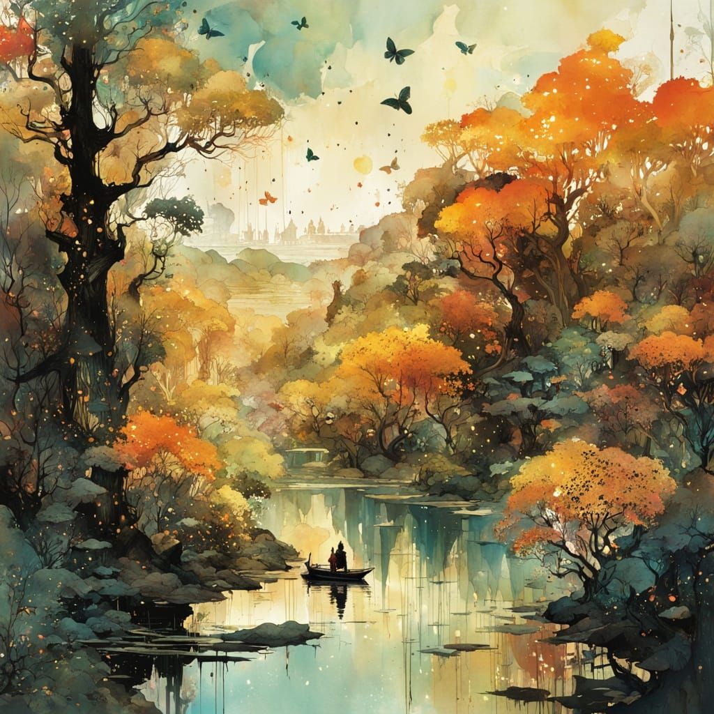 Watercolor Paradise World with Galaxies and Golden Trees