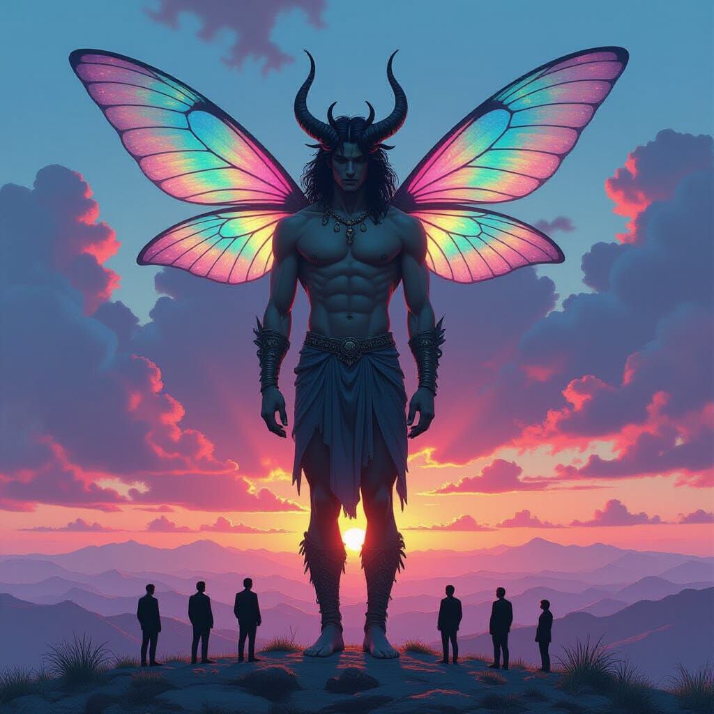 Mystical God Overlooks Miniature World in Pastel Hues