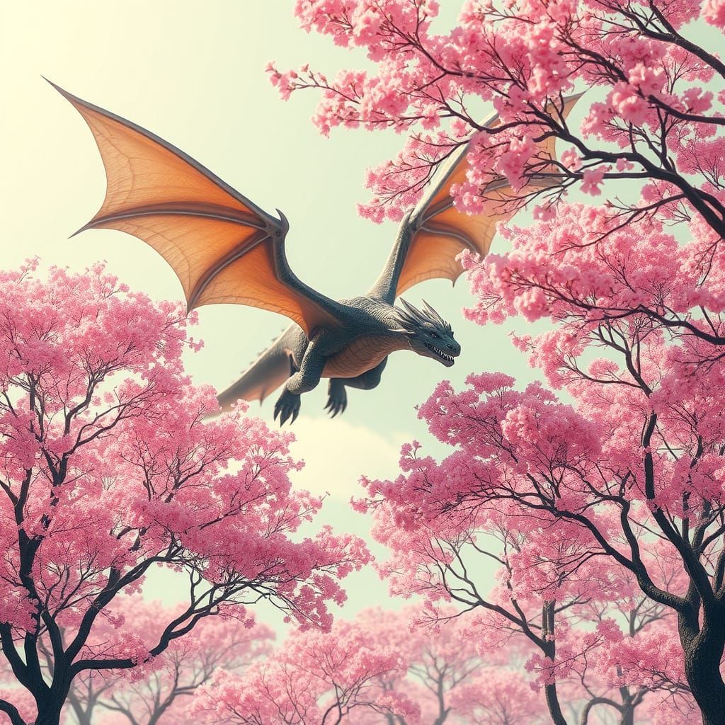 Majestic Dragon Flies Under Pink Trees
