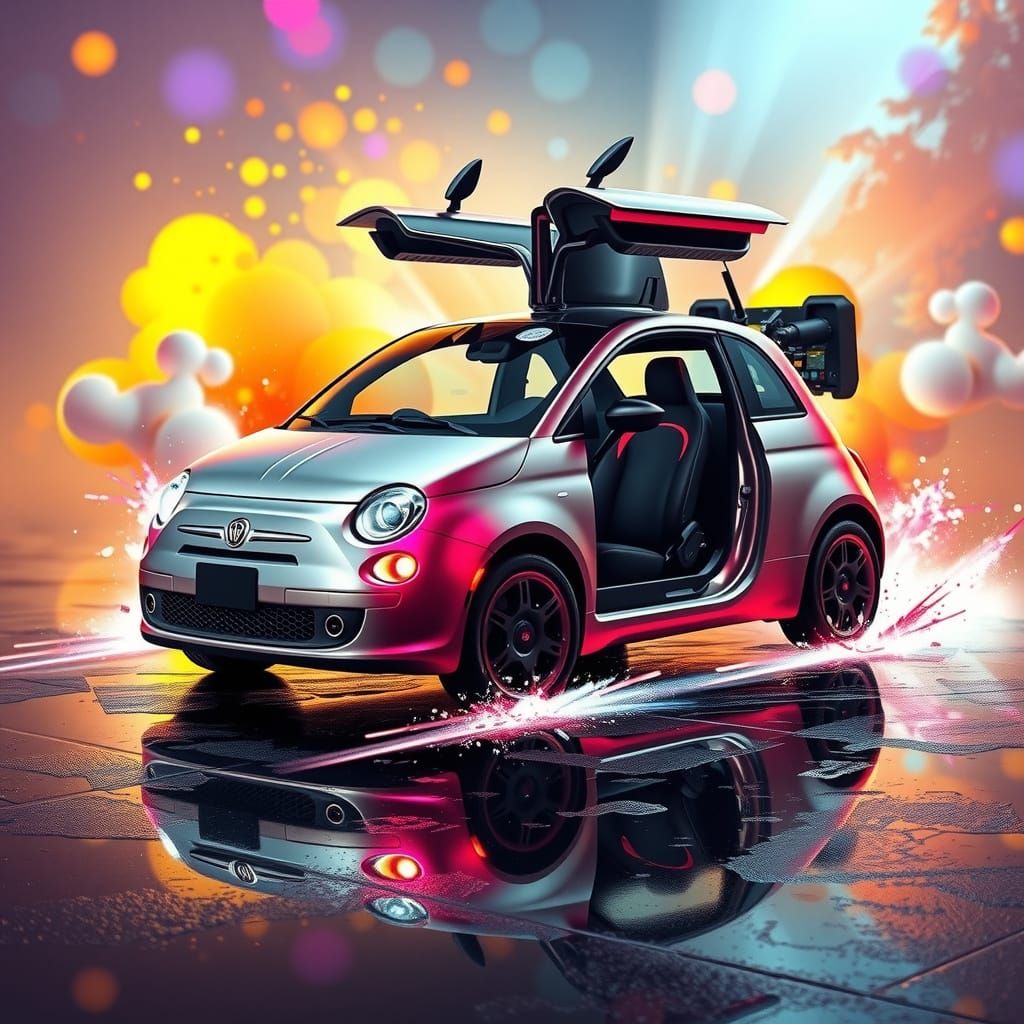 Time Travel Fiat 500 in a Futuristic Splash Art Style