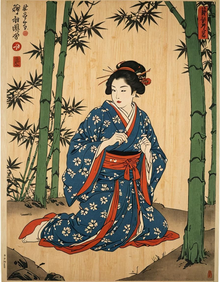 Bamboo in Japanese Ukiyo-e Woodblock Print Style