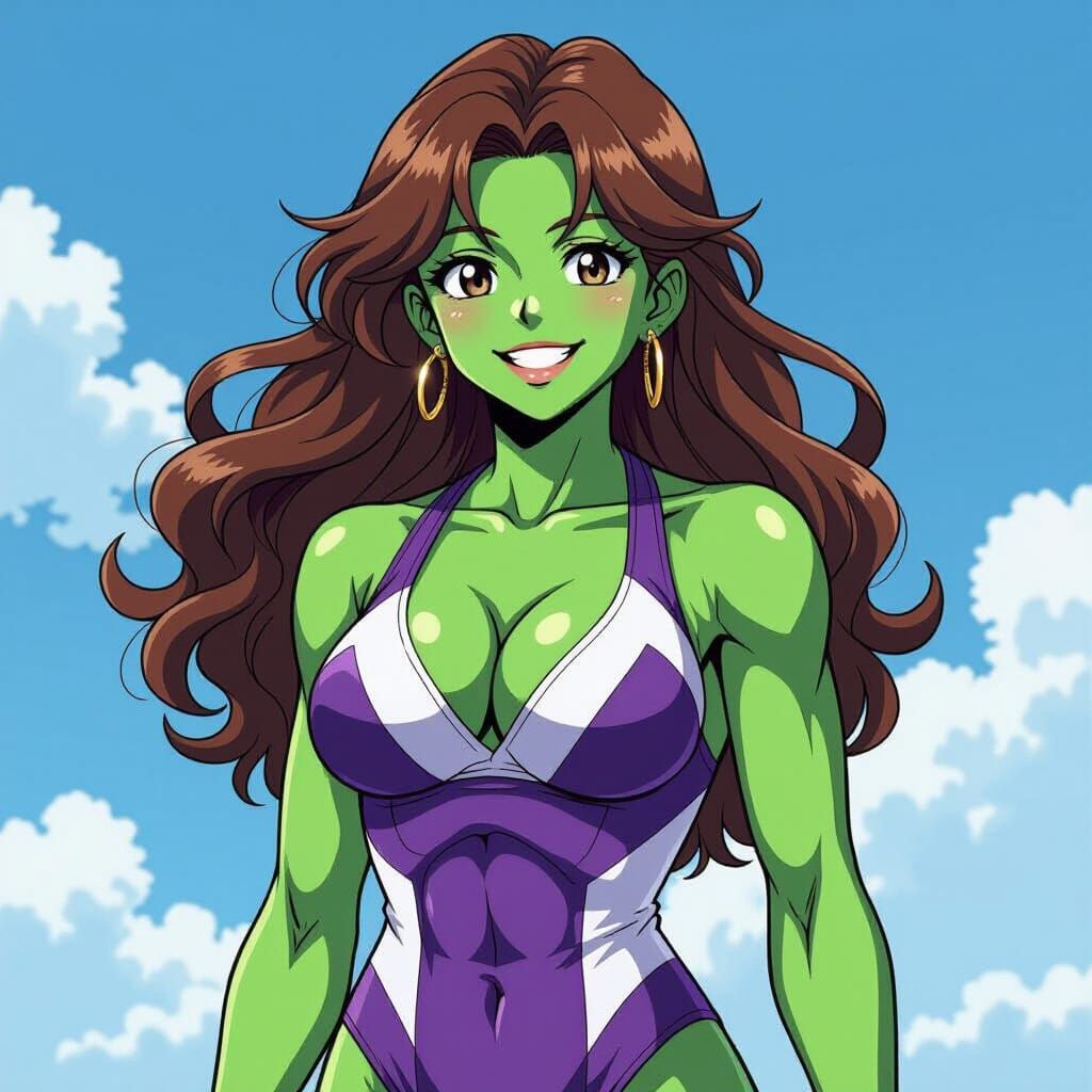 Anime Green-Skinned Woman in Dynamic Pose