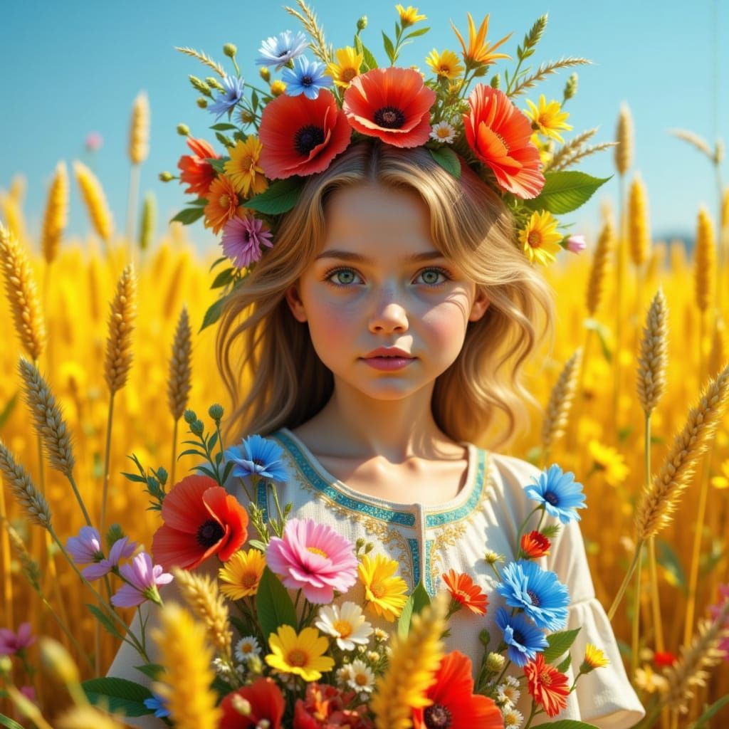 Ukrainian Girl in Wheat Field, Hyperdetailed Portrait