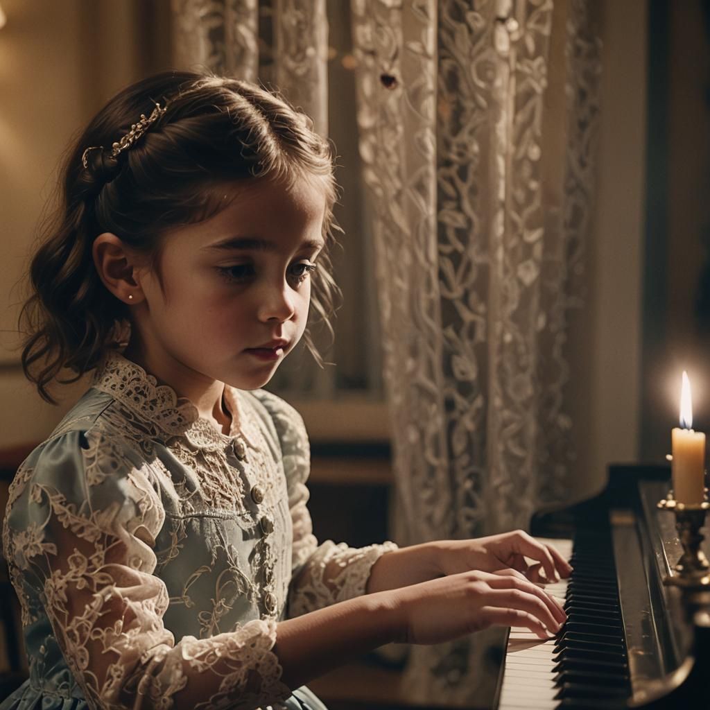 Child Pianist in Lavish, Dimly Lit Room