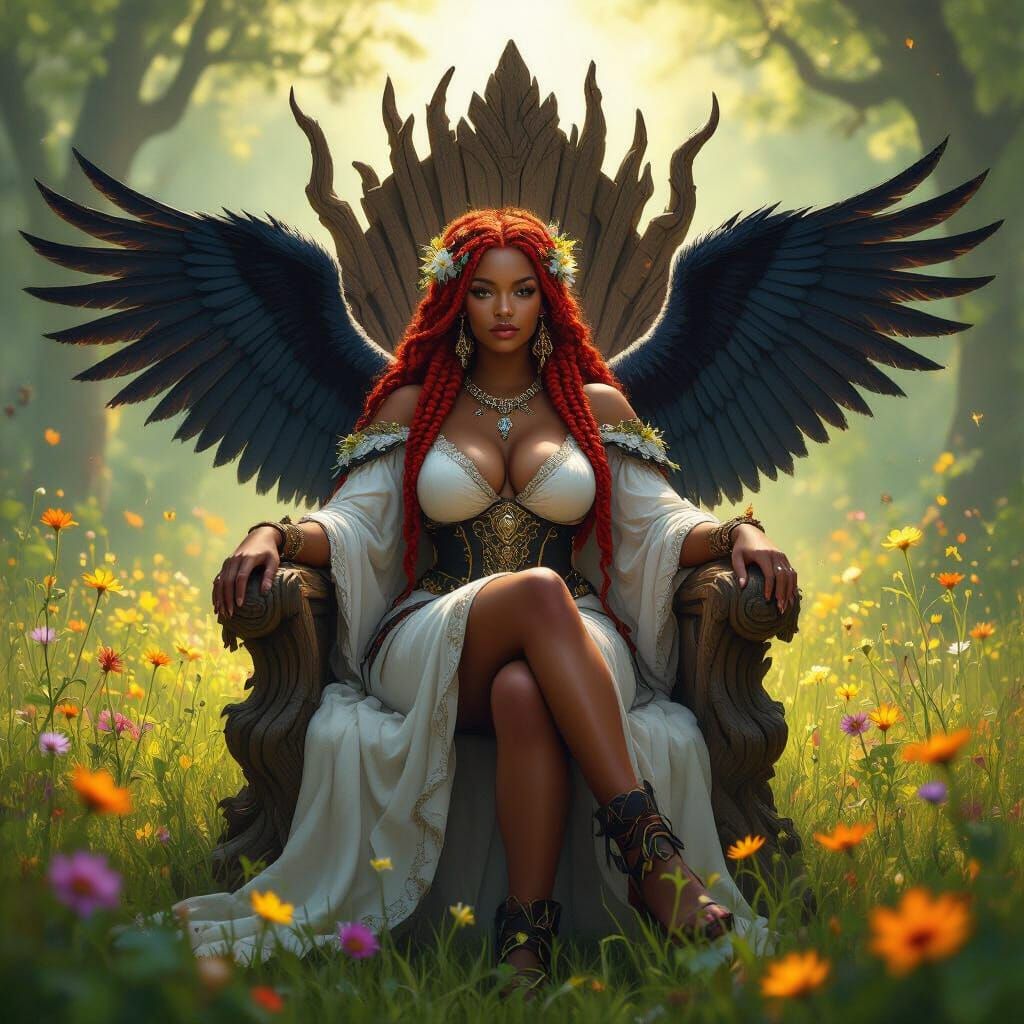 Valkyrie Queen with Raven Wings in Sunlit Meadow