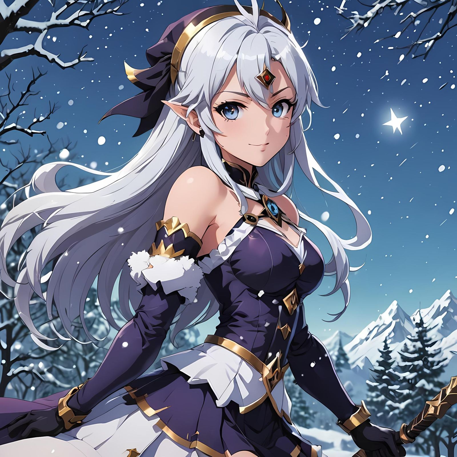 Anime Magical Girl Sorceress in Winter Wonderland