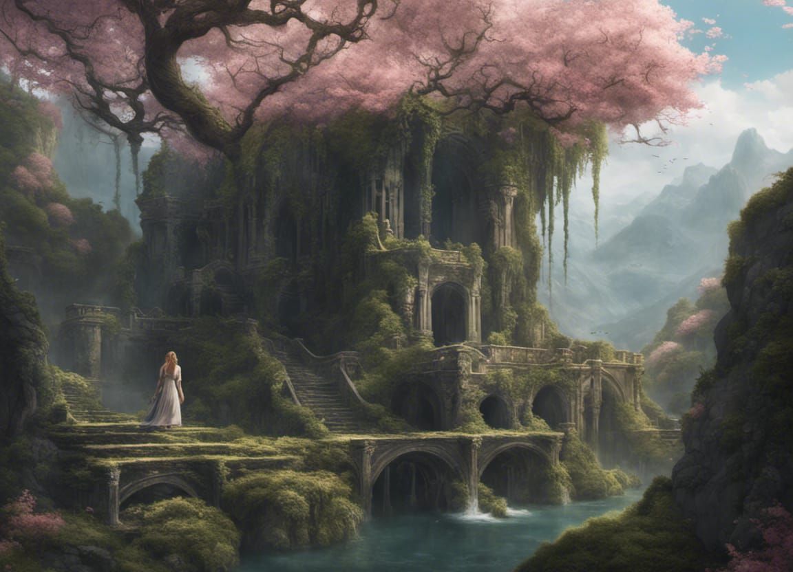 Fantasy Landscape with Stone Ruins and Waterfall