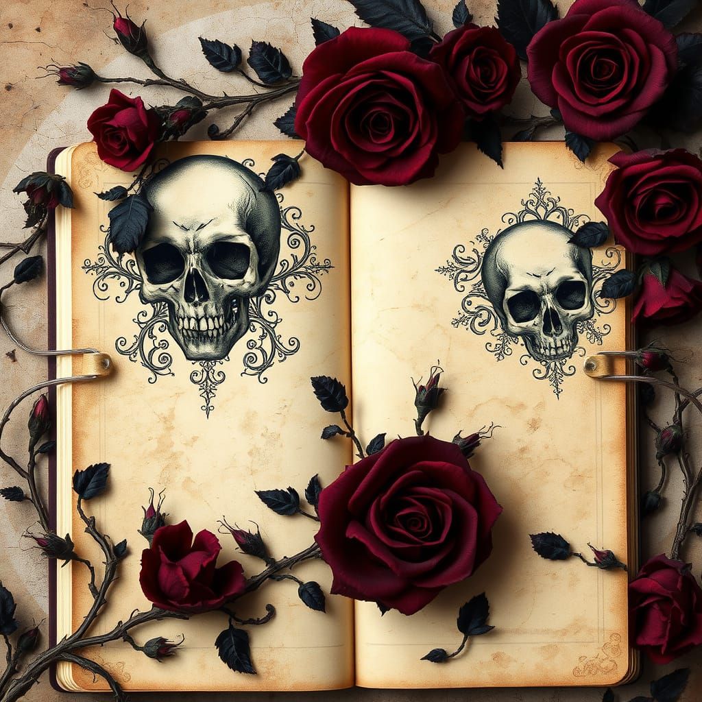A Gothic style journal page adorned with intricate skull des...