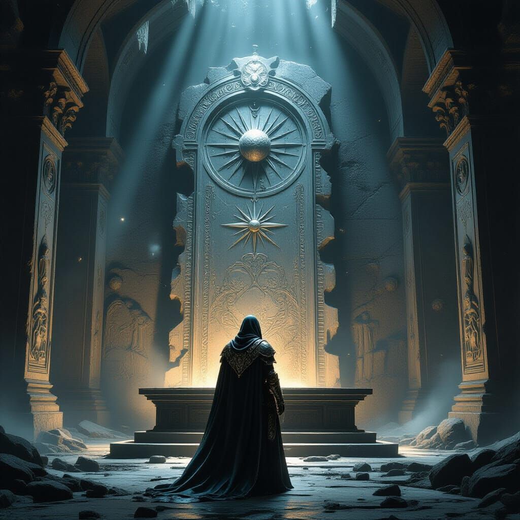 Cleric Before Ancient Altar in Dim Cavern