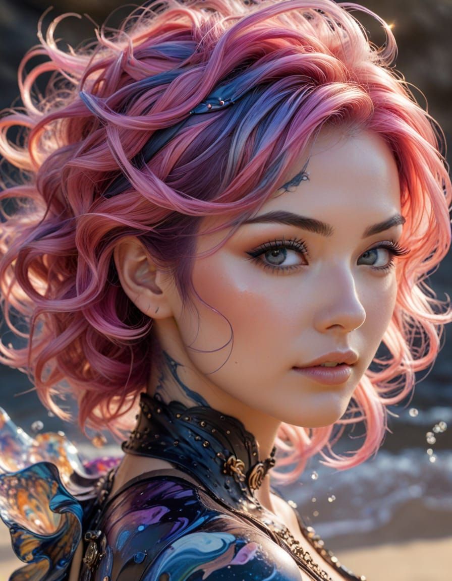 Steampunk Beach Beauty with Dreamlike Suminagashi Patterns