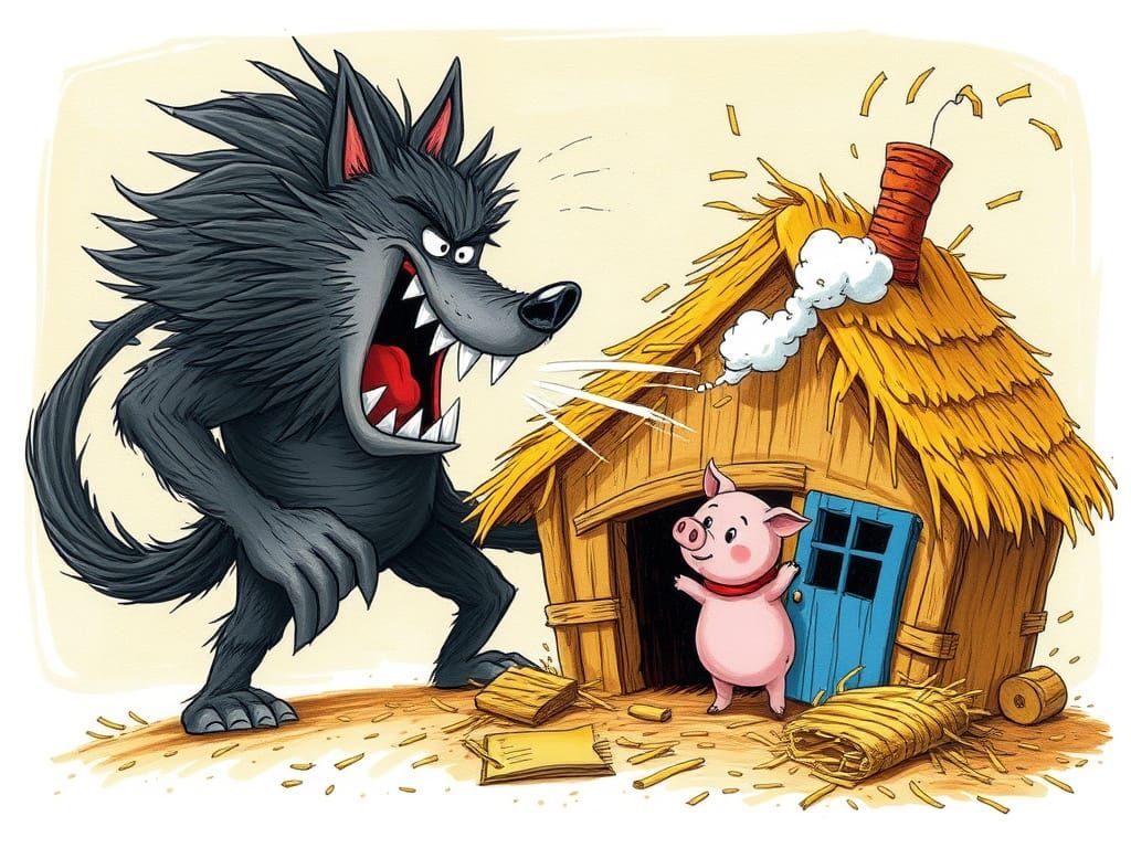 The Big Bad Wolf Blows Down the Straw House in Whimsical Chi...