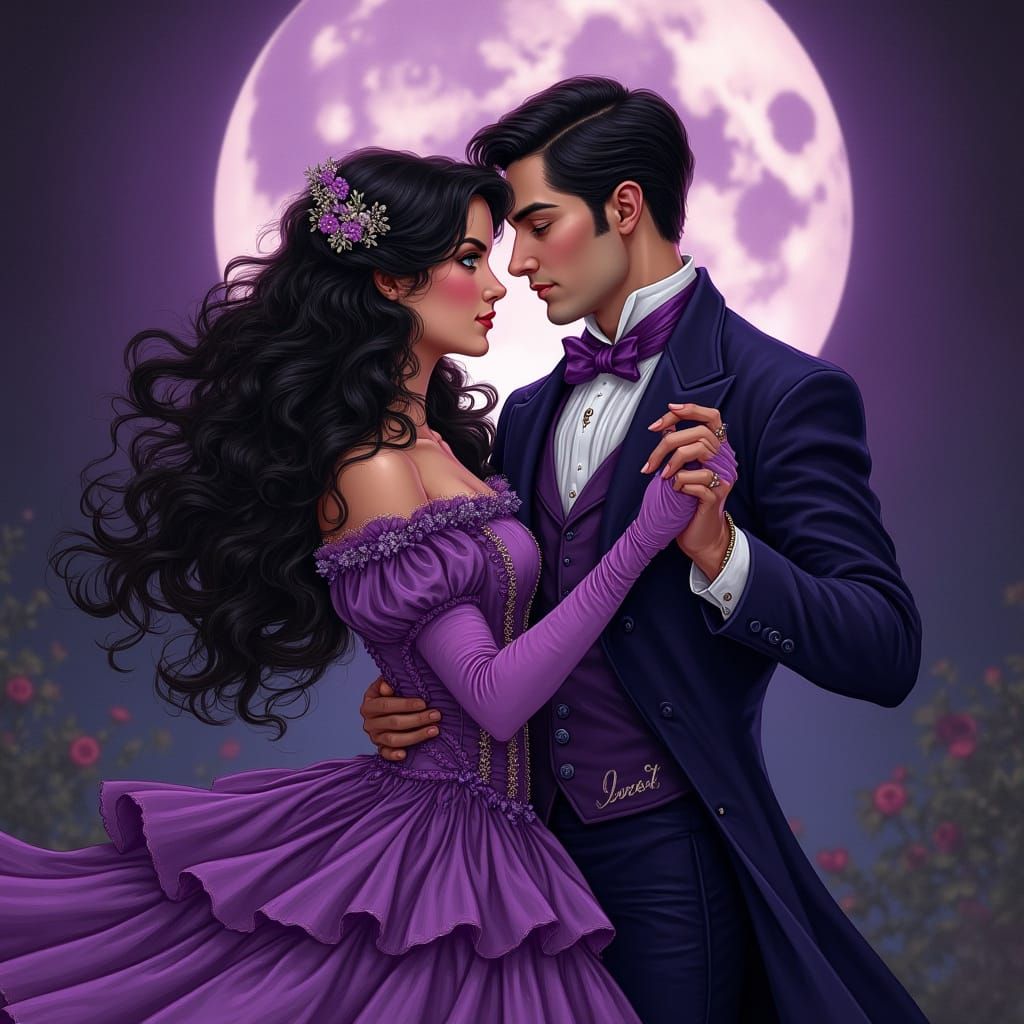 Victorian Couple Dancing Under Violet Moon, Art Nouveau
